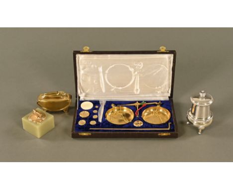 Three vintage cigarette lighters (two Ronson), together with a boxed scale.