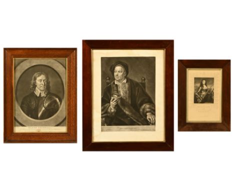 An antiquarian engraving after Sir Peter Lely, "Oliver Cromwell".  36 cm x 25 cm, in oak frame, together with John Leslie Duk