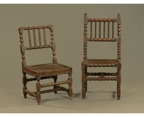 A near pair of 17th century walnut bobbin Turners chairs, with unusual stretcher configuration.