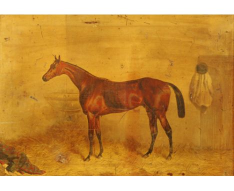 A Victorian oleograph, horse in stable.  45 cm x 65 cm, framed.