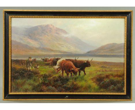 Henry R Hall, oil on canvas "Scotch Cattle on The Way To The Lowlands", 40 cm x 60 cm, framed, signed.