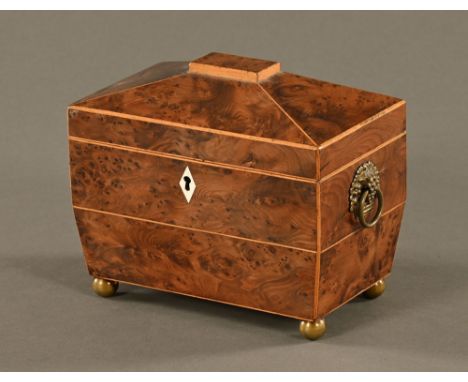 A George III burr yew tea caddy, of sarcophagus form with brass handles and ball feet, complete with interior lids.  Width 19