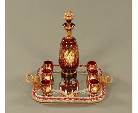 A Venetian ruby tinted glass decanter set with tray, decanter 26 cm.