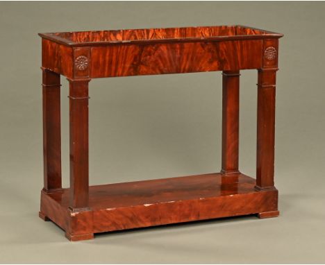 A mahogany hall planter table, well figured veneers with recessed to top and with low shelf and short bracket feet.  Height 8