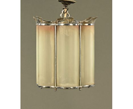 A vintage glass and chrome plated lantern type light shade, 1930's, with six frosted glass shade panels of rounded form.  Hei