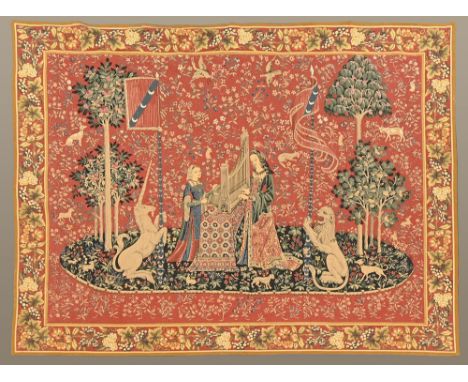 A French "Point de L'Halluin tapestry, female figure with uniform after The Middle Ages, a copy from the Museum of Cluny circ