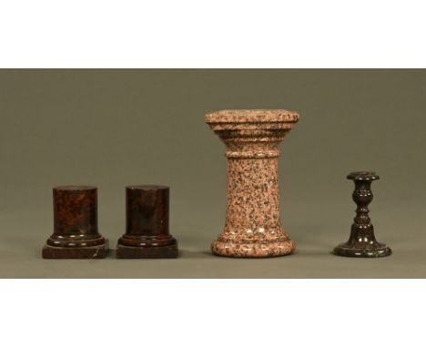 A collection of three Grand Tour marble socles/stands, for sculpture and a marble candlestick.  Tallest 27 cm. CONDITION REPO