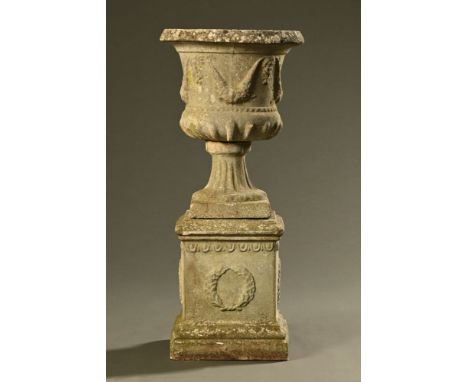 A composition stoneware planter, of Campana shape raised on a pedestal.  Height 93 cm, diameter 41.5 cm.