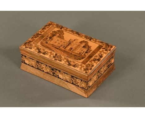 A 19th century Tunbridge Ware jewellery box, slightly waisted outline with castle scene to top, with lift out interior tray, 