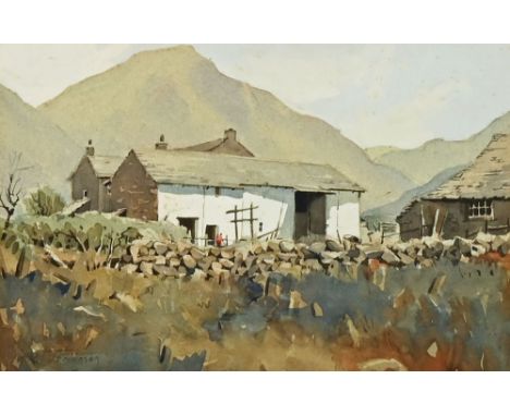 R Martin Tomlinson (Lake Artists Society), watercolour "Lakeland Barn and Buildings".  17 cm x 27 cm, framed, signed (see ill