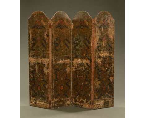 Military interest a 19th century four fold leather bound screen, with the coat of arms of The Grenadier Guards, Scots Guards 