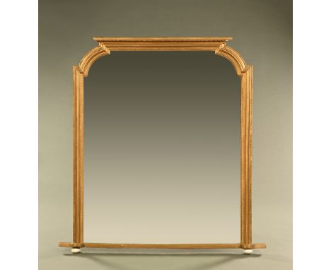 A Victorian gilt framed overmantle mirror, with rounded corners and beaded edge.  Height 146 cm, maximum width 143 cm. CONDIT
