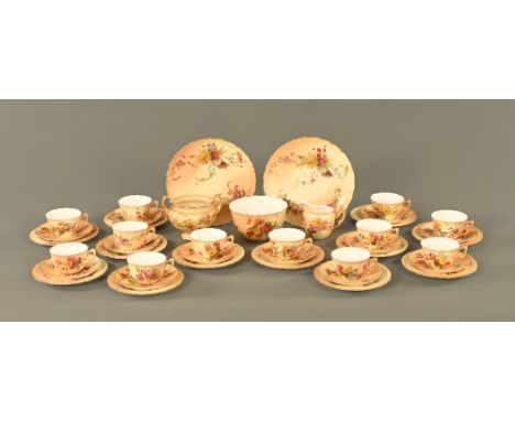 A Royal Worcester tea set, comprising 12 cups, 12 saucers, 12 plates, sugar basin, cream jug, 2 plates and bowl (see illustra