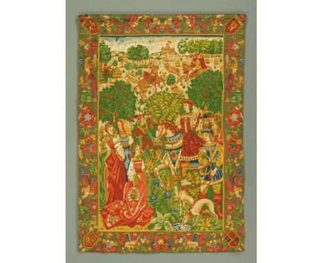 A French style hanging embroidered panel, depicting Medieval scenes of stag hunting, King on horseback with attendants and la