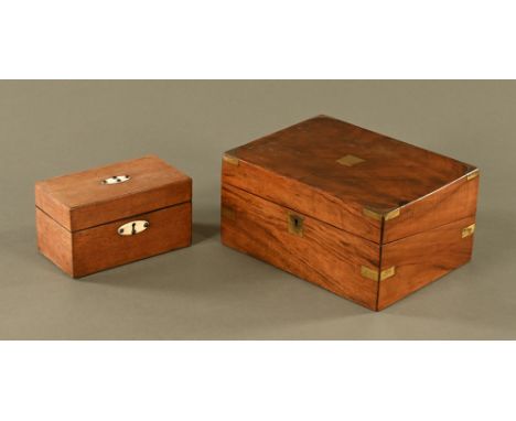 A Victorian walnut brass bound lap desk and a tea caddy.  Largest width 30 cm.