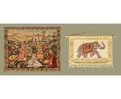 Two tapestry wall hangings, one in silky threads in form of an Indian elephant, the other a Tapisserie D'Haullin, copy of a 1