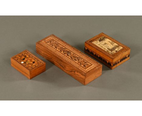 A 19th century Tunbridge ware cribbage board, with two interior compartments, together with a Tunbridge ware box with photogr