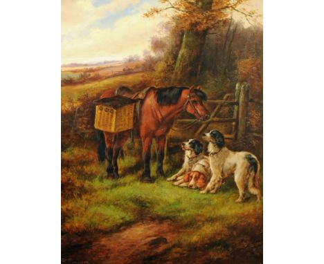 Robert Clementson (active 1864-1903), oil on canvas, horse with spaniels by gate in landscape "Rest After Sport", 90 cm x 69 