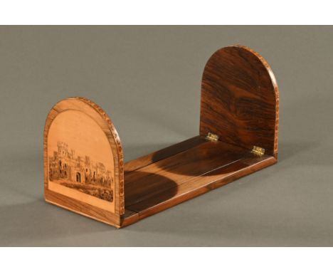 A 19th century Tunbridge ware book slide, with castle to one end and parquetry to the other.  Length 29 cm, depth 13 cm, heig