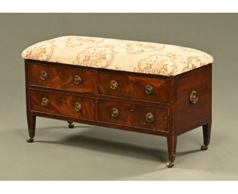 A Regency mahogany window seat or stool, with upholstered top and fitted with four drawers with brass drop handles and circul