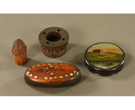 A 19th century Treen pen holder and inkwell stand, together with a large snuff box, a cylindrical papier mache snuff box pain