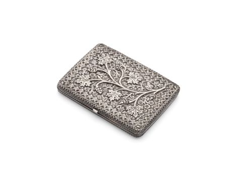  KASHMIR - AN INDIAN CIGARETTE CASE UNMARKED, LATE 19TH Of rounded rectangular outline, chased depictions of the chinar tree 