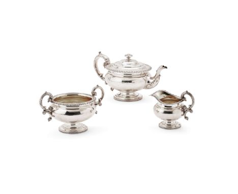  A GEORGIAN THREE PIECE TEA SERVICE JAMES MCKAY, EDINBURGH 1825 Comprising a teapot, twin-handled sugar basin and a milk jug,