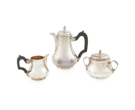  A FRENCH THREE PIECE CAFE-AU-LAIT SET STAMPED BOULENGER Comprising water pot, twin-handled lidded sugar basin and cream jug,