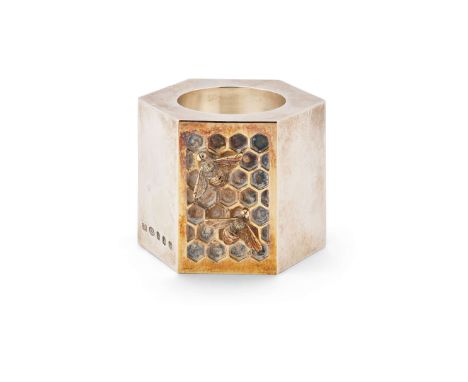  A MODERN 'HONEYCOMB' CANDLESTICK GRAHAM STEWART, EDINBURGH 2014 Of hexagonal form, modelled as a honeycomb, three sides with