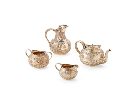  A VICTORIAN MATCHED FOUR PIECE TEA SERVICE MARTIN, HALL & CO., SHEFFIELD, 1890 & LONDON 1890 Comprising teapot, water pot, t