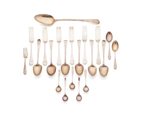  A COLLECTION OF OLD ENGLISH FLATWARE  To include, a basting spoon, Christopher & Thomas Wilkes Barker, London 1804, a matche