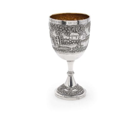 CALCUTTA - AN INDIAN PRESENTATION ‘TURF CLUB’ TROPHY UNMARKED, LATE 19TH The deep bowl with gilt interior and a heavily chas
