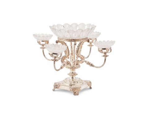  A REGENCY SILVER-PLATED AND CUT-GLASS TABLE CENTREPIECE EPERGNE APPARENTLY UNMARKED The central column with four S- scroll l