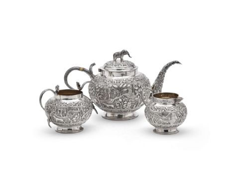  LUCKNOW - AN INDIAN THREE PIECE TEA SERVICE UNMARKED, CIRCA 1900 Comprising teapot, twin handled sugar basin and milk jug, e