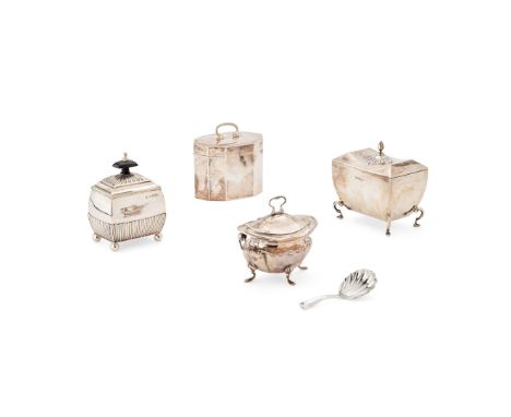 A COLLECTION OF FOUR TEA CADDIES  To include, one by Hamilton of Calcutta, Chester 1910, of decahedron outline with loop han