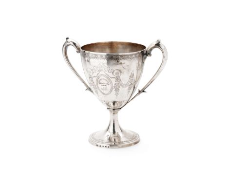  A GEORGE III TWIN-HANDLED CUP PATRICK ROBERTSON, EDINBURGH 1789 The tapered bowl with engraved foliate swag borders, crest, 