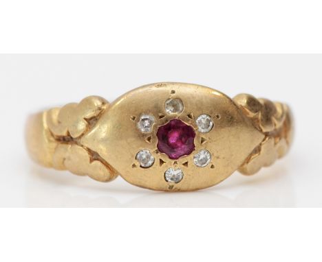 An vintage Edwardian style 9ct gold ruby and diamond gypsy set ring, N, 3.2gm9ct gold, fully UK hallmarked, c.1970/80, very g