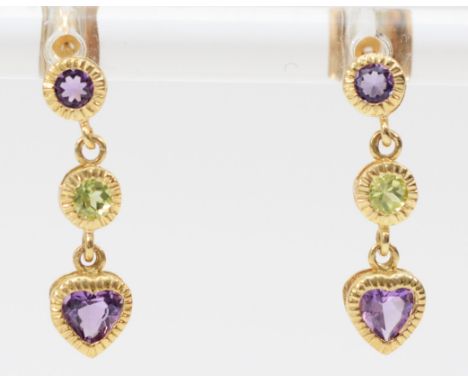 A 9ct gold pair of amethyst and green stone ear pendants,18mm, 1.1gm 