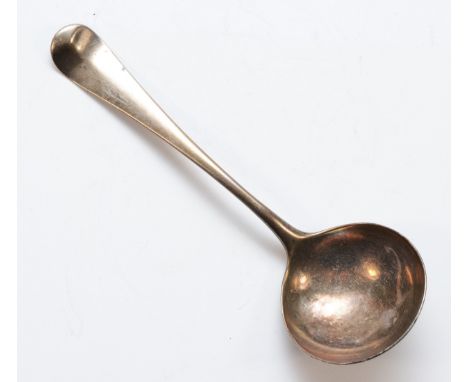 A George III silver bottom marked sauce ladle, London 1762, crested, 15.5cm, 44gm 