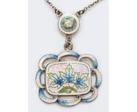 A Canadian silver and enamel pendant, by R H, c.1930's, signed, drop 27 x 22mm, chain, 6gm 