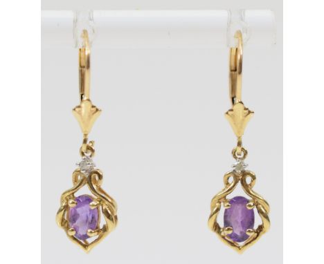A pair of 9ct gold diamond and amethyst drop earrings, 1.6g 