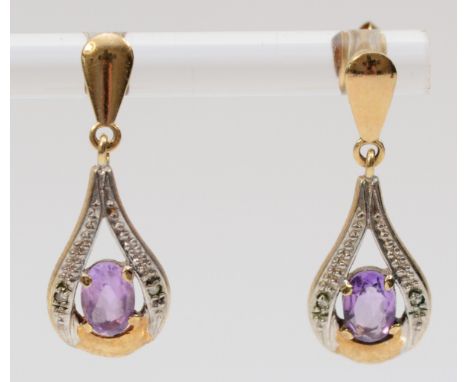 A 9ct gold pair of amethyst and diamond ear pendants, 2gm, see next lot 