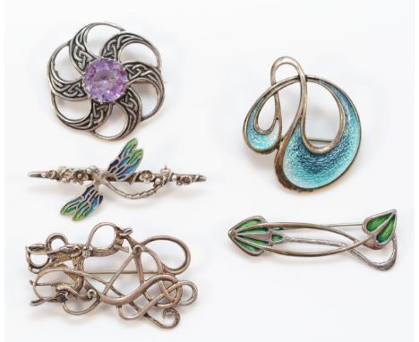 Ola Gorie, a silver scroll broch, Edinburgh 1987, 46mm, John Hart for Iona, a silver and amethyst brooch and three silver and