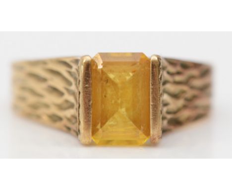 Jayem, South Africa, a vintage 9ct gold and citrine abstract ring, signed, bark finish shank, L 1/2, 3.6gm 