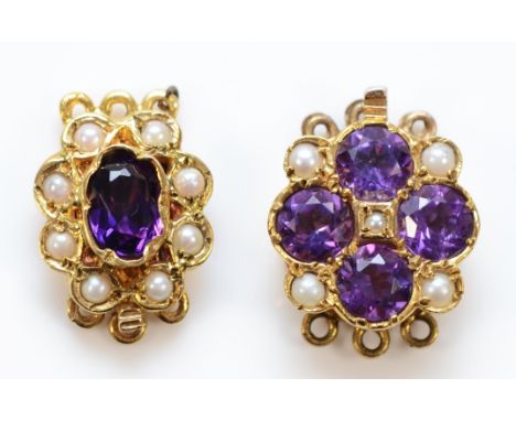 Two 9ct gold amethyst and half pearl cluster clasps, 5.5gm 