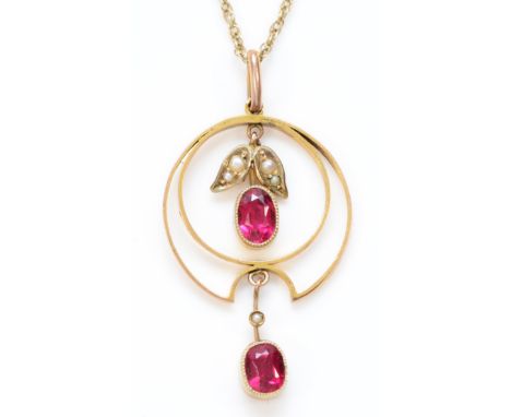An Edwardian 9ct gold, synthetic ruby and seed pearl pendant42mm overall, chain, 4.5gm 