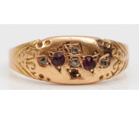 A Victorian 15ct gold ruby and diamond ring, Chester 1894, O, 1.5gm 