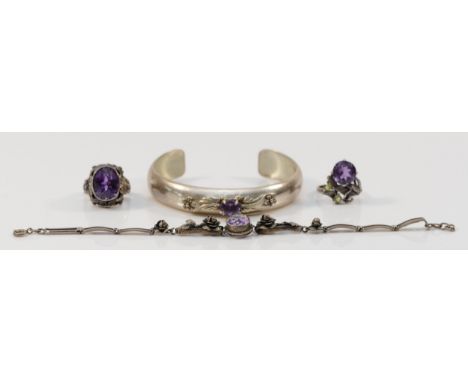 A Sterling Silver and amethyst bangle, an amethyst bracelet and two amethyst rings, 40gm 