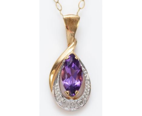 A 9ct gold amethyst and diamond pendant, chain, 1.5gm 