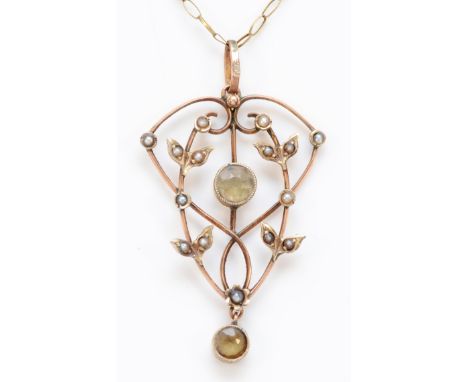 An Edwardian 9ct gold, aquamarine and half pearl pendant, 43mm overall, chain, 3.3gm 